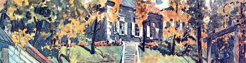 Watercolor set design by V. Simov for Act I backdrop of Uncle Vanya's 1899 Moscow Art Theater production, depicting a Russian country estate with wraparound porch and autumn foliage