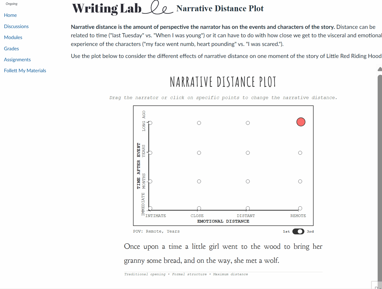 LMS page with a chart titled 'Narrative Distance Plot' with text below. The mouse clicks on different points on the plot and the text changes, demonstrating narrative distance.