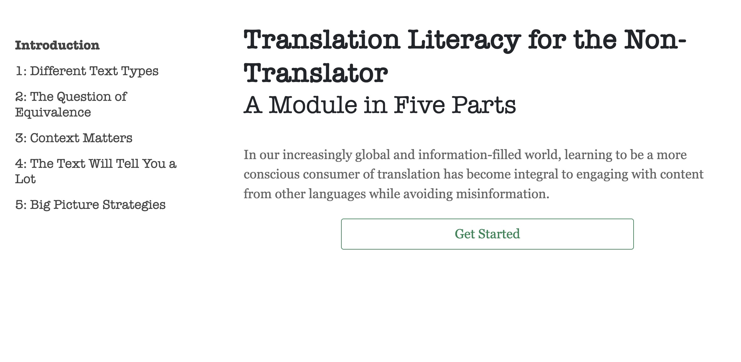 A screenshot of a website, text on a white background, navigation links on the left. The title reads 'Translation Literacy for the Non-Translator: A Module in Five Parts'