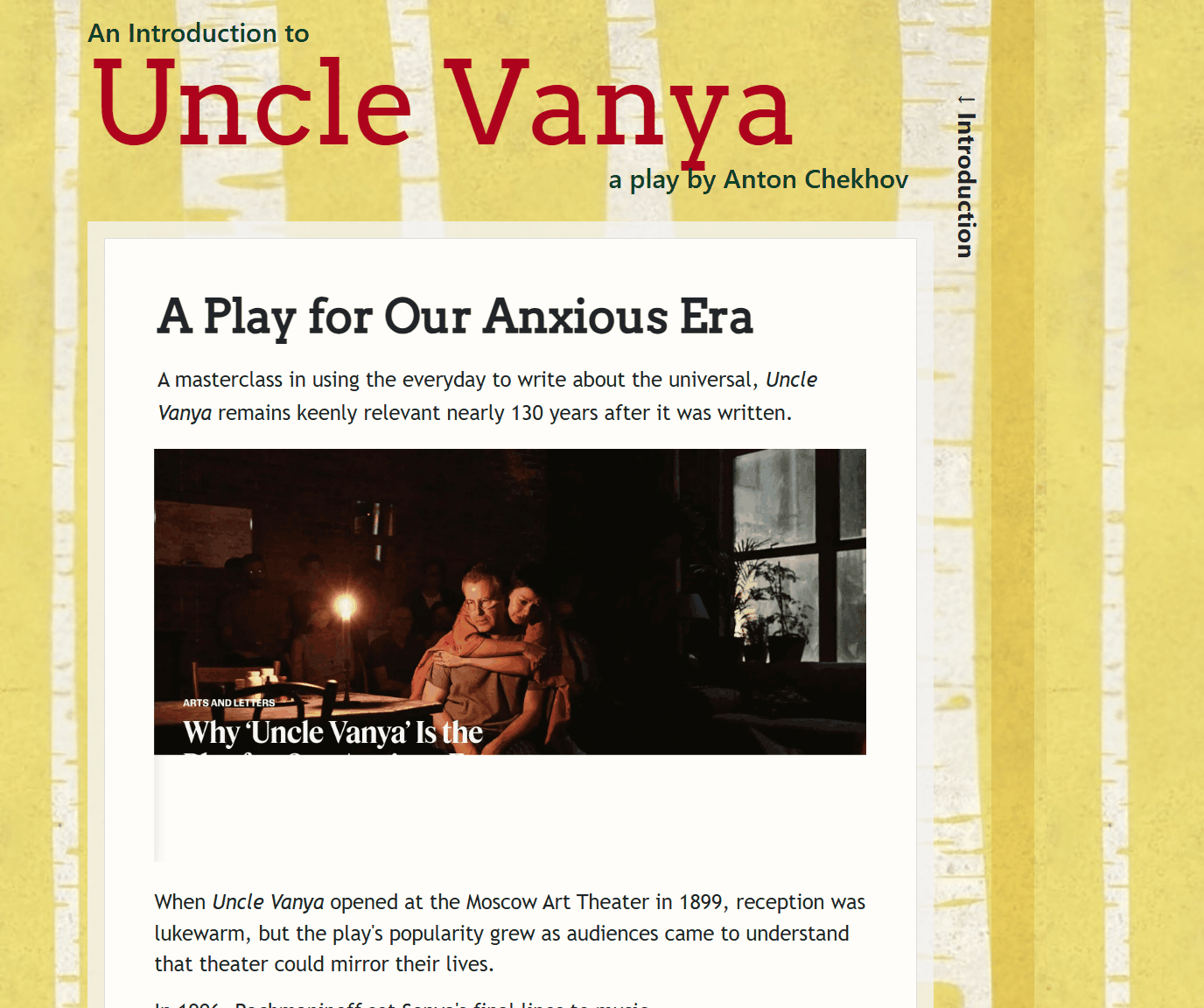 Webpage with navigation on the right dropping in from the top; an overlay button appears when the mouse scrolls over an image of two actors on a stage. Clicking the button triggers an overlay to appear from left with links to articles about Uncle Vanya.